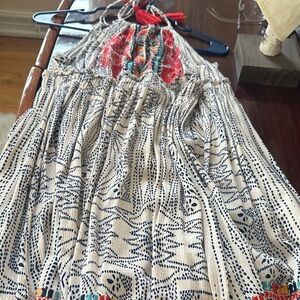 Patterned Summer Dress with Red and Blue Accents
